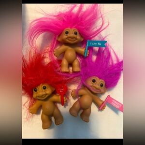 Vintage Troll Doll Lot (3) Red & Pink Hair with Message Signs 1990s